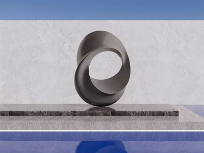 Black Circular Twisted Landscape Sculpture Placed On Platform With Light Wall And Water Pool 3d model