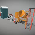 Construction Site Featuring Portable Toilet Concrete Mixer Traffic Cone Barricade And Red Ladder