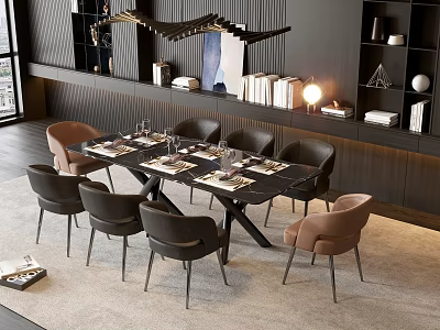 Modern Dining Table Set With Black Table Brown Gray Chairs And Decorative Lighting 3d model