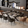 Modern Dining Table Set With Black Table Brown Gray Chairs And Decorative Lighting 3d model