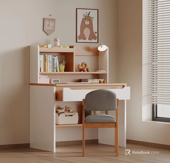 Cozy Study Desk With Bookshelf Books Teddy Bear And Gray Chair By Window Blinds 3d model 