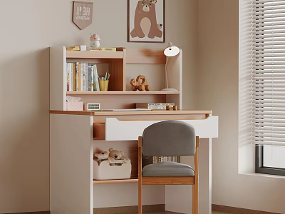Cozy Study Desk With Bookshelf Books Teddy Bear And Gray Chair By Window Blinds 3d model
