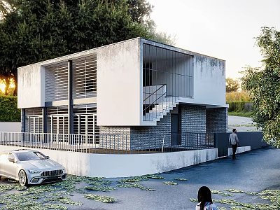 Modern Detached Villa Exterior Design With Metal Staircase Trees And Silver Car 3d model