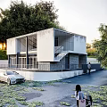 Modern Detached Villa Exterior Design With Metal Staircase Trees And Silver Car