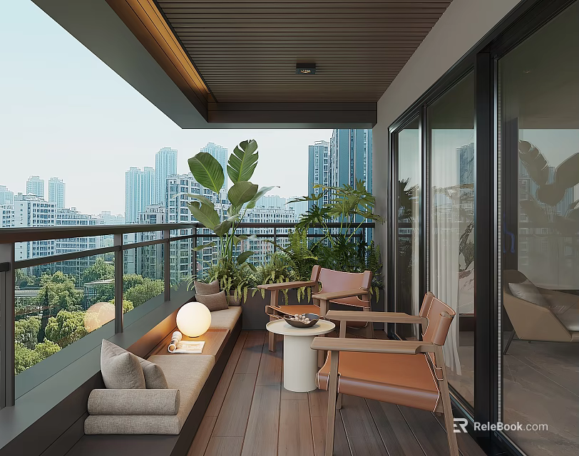 Modern Home Balcony Interior with Green Plants Chairs Table Bench and City View 3d model 