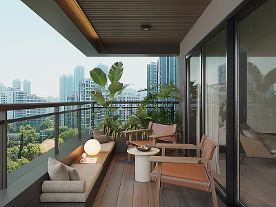 Modern Home Balcony Interior with Green Plants Chairs Table Bench and City View 3d model
