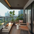 Modern Home Balcony Interior with Green Plants Chairs Table Bench and City View