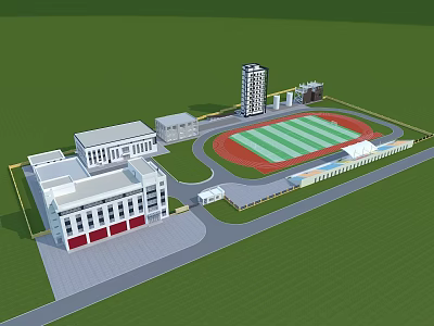 Fire Station Building With Red Doors And White Exterior Near Sports Field And Tall Structure 3d model
