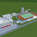 Fire Station Building With Red Doors And White Exterior Near Sports Field And Tall Structure
