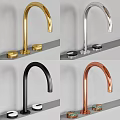 Golden Bathroom Faucet Set With Multiple Shower Heads And Accessories On Gray Countertop