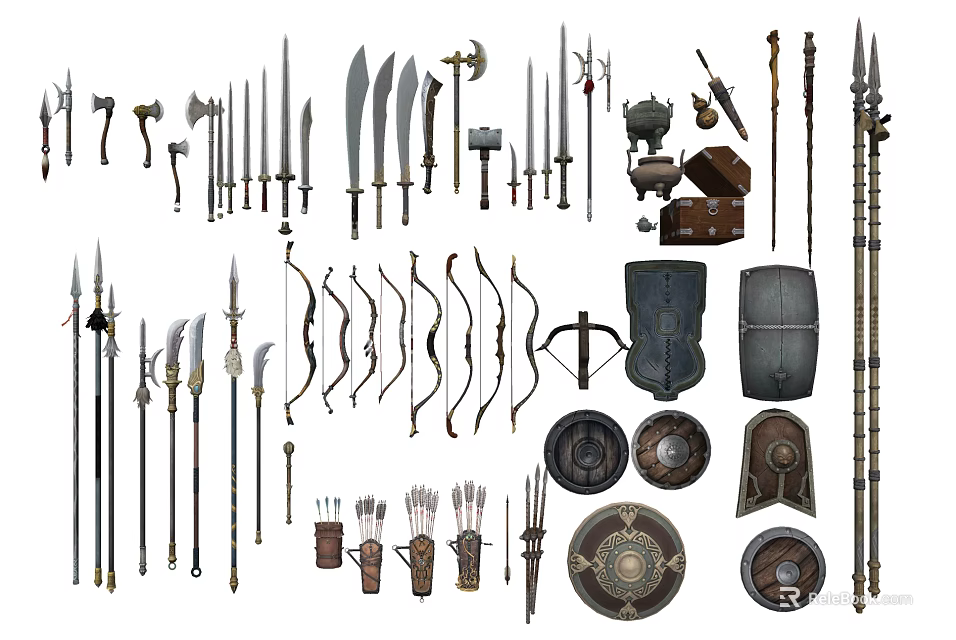 Ancient Medieval Weapons Collection Including Swords Axes Bows Spears And Shields 3d model 