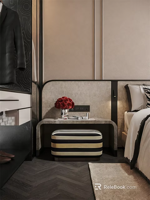 Elegant Modern Bedside Table With Red Flowers Vase Books And Striped Ottoman 3d model 