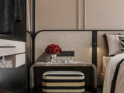 Elegant Modern Bedside Table With Red Flowers Vase Books And Striped Ottoman 3d model