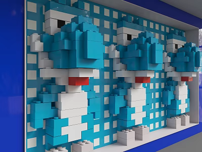 Blue And White Block Cartoon Character Pattern Interior Decorative Wall Design 3d model