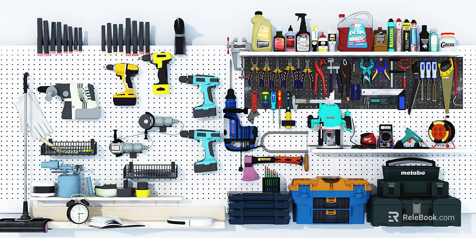 Hardware Tools Organized on Pegboard with Electric Drills Wrenches Screwdrivers Pliers and Toolboxes 3d model 