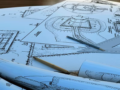 Detailed Architectural Drawings With Pencils And Rolled Blueprints On Wooden Table 3d model