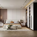 Elegant Modern Bedroom Interior With Large Bed Wardrobe Area Rug And Green Plant