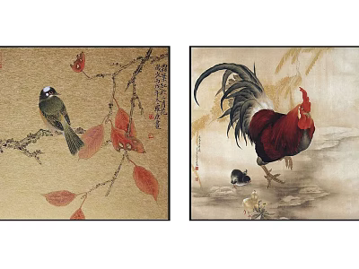 Traditional Animal Paintings Bird On Branches With Red Leaves Rooster And Stones On Golden Background 3d model