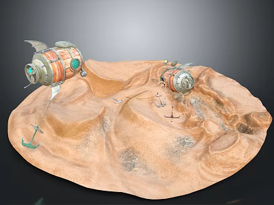 Two Mechanical Probes On Sandy Surface With Connected Ropes And Gray Background 3d model