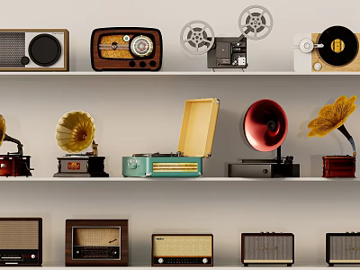 Vintage Audio Equipment Collection On Shelves Displaying Radios Gramophones And Tape Recorders 3d model