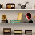 Vintage Audio Equipment Collection On Shelves Displaying Radios Gramophones And Tape Recorders