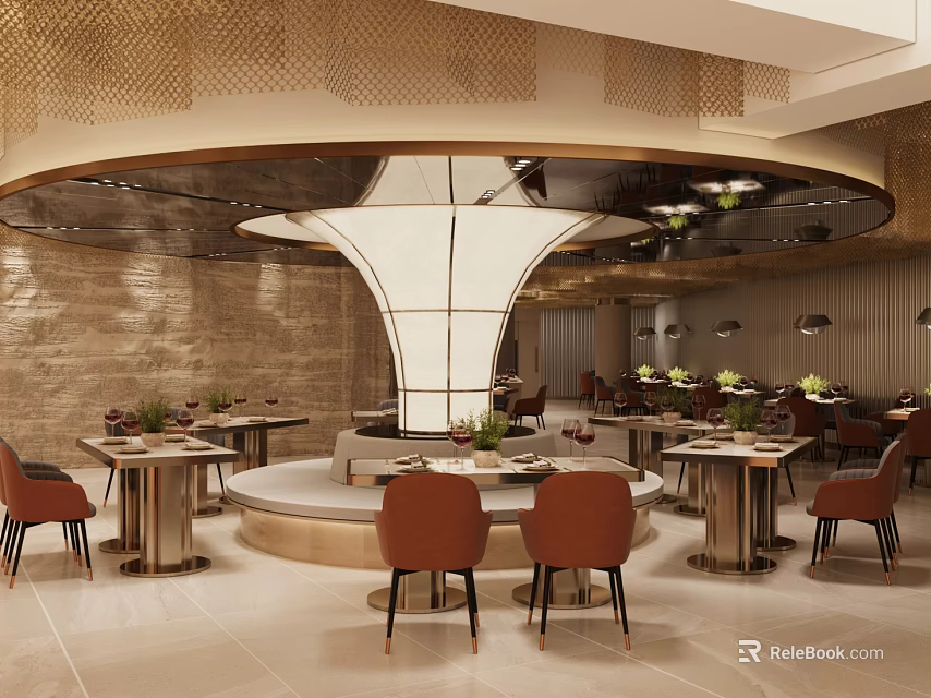 Elegant Modern Restaurant Interior With Circular Central Area Stone Wall And Orange Chairs 3d model 