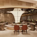 Elegant Modern Restaurant Interior With Circular Central Area Stone Wall And Orange Chairs