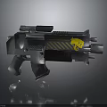 Futuristic Mechanical Silver Weapon With Yellow Emblem And Tactical Structure Details