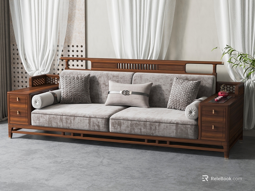 Chinese Modern Style Two Seater Sofa With Wooden Frame Gray Cushion And Decorative Pillows 3d model 