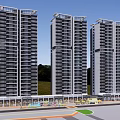 Modern High Rise Residential Buildings With Commercial Base And Urban Road Greenery
