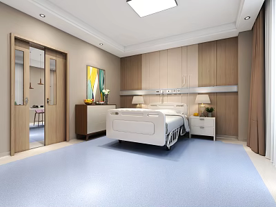Comfortable Hospital Outpatient Ward With White Bedside Table Medical Equipment Blue Floor And Soft Lighting 3d model