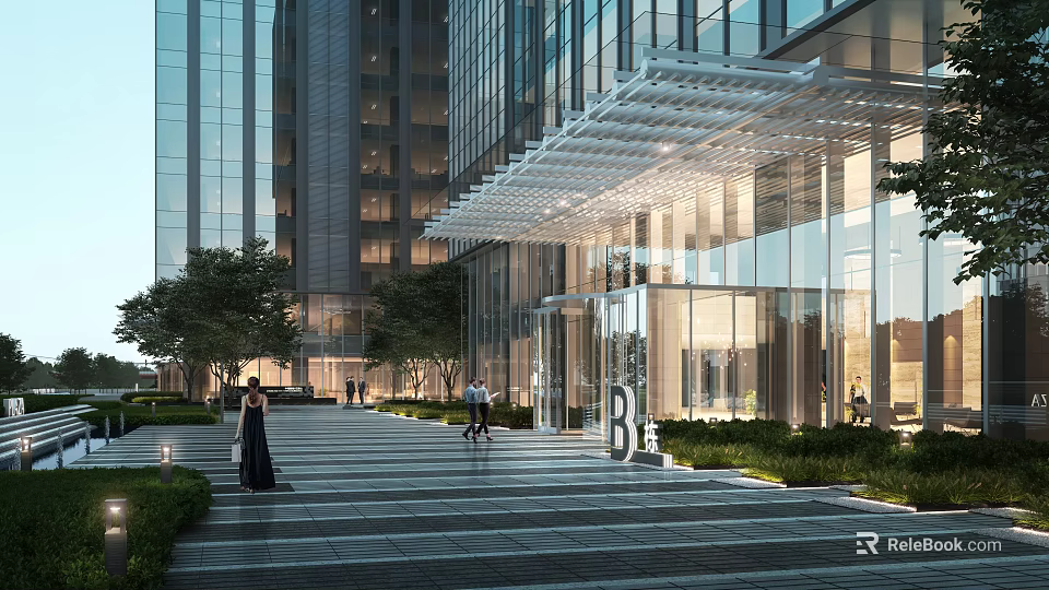 Modern Building Entrance With Glass Curtain Walls Metal Pergola Awning Landscaped Greenery And Pedestrians 3d model 