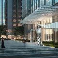 Modern Building Entrance With Glass Curtain Walls Metal Pergola Awning Landscaped Greenery And Pedestrians