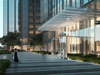 Modern Building Entrance With Glass Curtain Walls Metal Pergola Awning Landscaped Greenery And Pedestrians 3d model