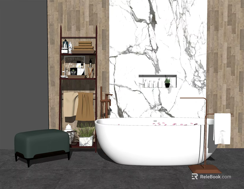 White Freestanding Bathtub in Modern Bathroom with Marble Wall Wooden Accents Green Bench Shelf and Plants 3d model 