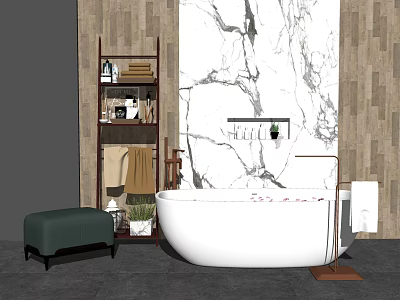 White Freestanding Bathtub in Modern Bathroom with Marble Wall Wooden Accents Green Bench Shelf and Plants 3d model