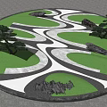 Karesansui Garden Design With Circular Layout Curved Pathways Green Trees And Black Stones