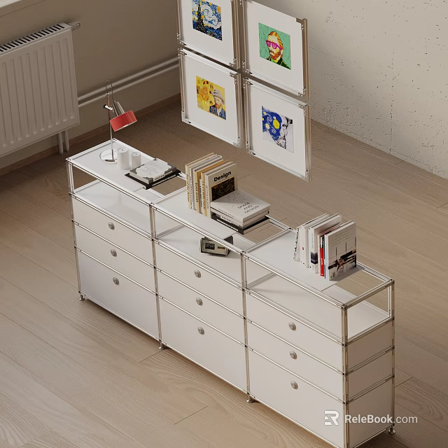 Modern White Entryway Side Cabinet With Metal Frame Drawers Shelves And Books 3d model 