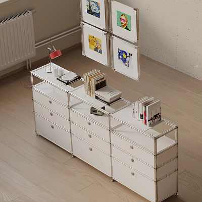 Modern White Entryway Side Cabinet With Metal Frame Drawers Shelves And Books 3d model