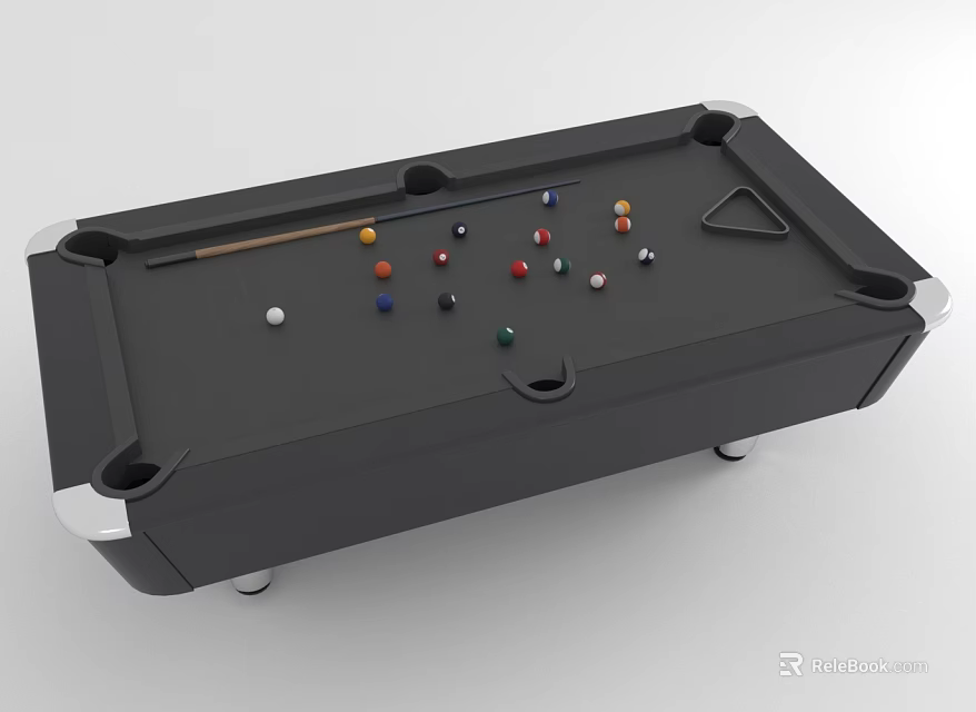 Black Billiard Table With Cue Stick Triangle Rack And Multiple Colored Balls 3d model