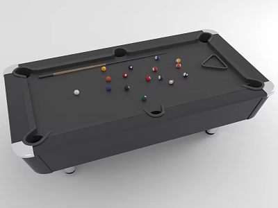 Black Billiard Table With Cue Stick Triangle Rack And Multiple Colored Balls 3d model