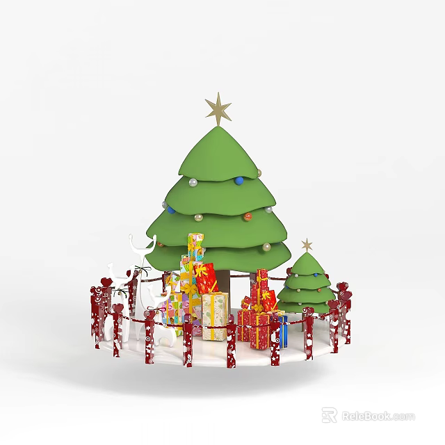 Tech Exhibition Hall with Christmas Tree Star Ornaments Gift Boxes and Red Figurines 3d model 