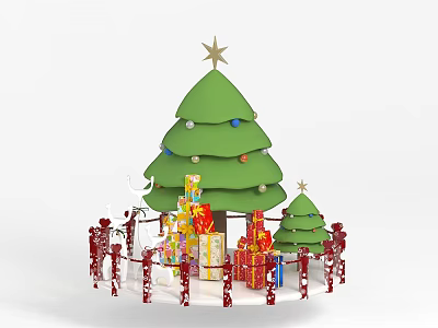 Tech Exhibition Hall with Christmas Tree Star Ornaments Gift Boxes and Red Figurines 3d model