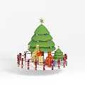 Tech Exhibition Hall with Christmas Tree Star Ornaments Gift Boxes and Red Figurines