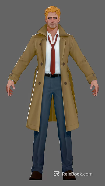 Man Wearing Brown Trench Coat White Shirt Red Tie And Blue Pants 3d model 