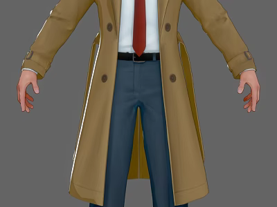 Man Wearing Brown Trench Coat White Shirt Red Tie And Blue Pants 3d model