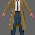 Man Wearing Brown Trench Coat White Shirt Red Tie And Blue Pants