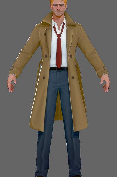 Man Wearing Brown Trench Coat White Shirt Red Tie And Blue Pants 3d model