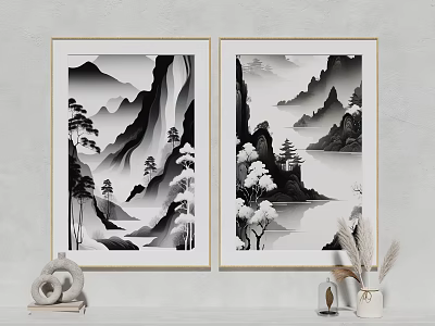Black and White Landscape Paintings with Mountains Waterfall Pine Trees Hanging on Wall 3d model