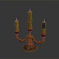 Golden Three Branched Candelabra With Lit Candles For Household Decoration